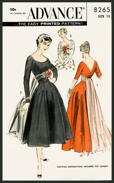 Knitted Capelet, Empire Waist Evening Dress, Cocktail Dress Patterns, Evening Dress Patterns, Patron Vintage, Vintage Dress Patterns, Deep Plunge, Cocktail Evening Dresses, Empire Dress