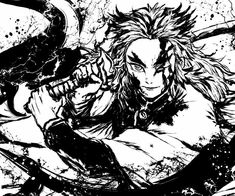 an ink drawing of a male character with long hair and horns on his head, in black and white