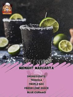 the flyer for midnight margarita is shown with limes and sugar on it's rim