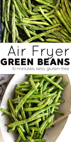 air fryer green beans in a white bowl with the title above it on top