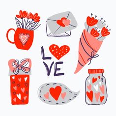 valentine's day greeting card with hearts, flowers and envelopes on white background