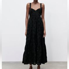 Black Openwork Embroidered Maxi Dress, Size M! New Black Embroidered Maxi Dress For Spring, Chic Black Midi Dress With Floral Embroidery, Black Embroidered Dress For Date Night, Elegant Black Midi Dress With Floral Embroidery, Elegant Black Embroidered Midi Dress, Black Sleeveless Embroidered Maxi Dress, Black Maxi Dress With Floral Embroidery For Evening, Elegant Black Embroidered Dress For Spring, Black Floral Embroidery Dress For Date Night