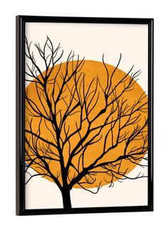 a tree with no leaves in front of an orange sun on a white background framed canvas wall art print