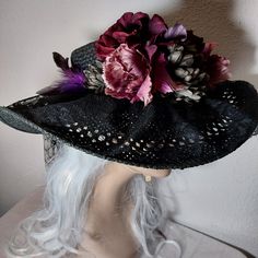 Absolutely Gorgeous!!! Genuine Vintage Straw Hat , Floppy , That I Have Upcycled, Adorned With Lace Ruffles, Large Bow And Various Contrasting Silk Flowers. Large Brim Of 6 Inches, Circumference 7 Inches , See Last Pictures. Fits Most Heads There S An Elastic Band To Secure It Against The Wind Purple Bohemian Brimmed Hat, Shabby Chic Tags, Hat With Flowers, Vintage Straw Hat, Victorian Hats, Victorian Ladies, Large Hats, Elegant Hats, Love Hat