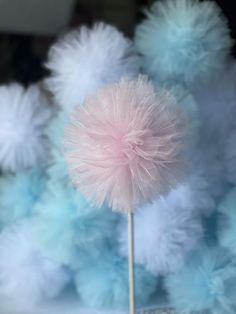 a pink and blue pom - pom sitting on top of a white stick