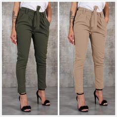 Material: Chiffon Style: OL Commuting Style2: Pencil Pants/Skinny Pants Color: Khaki, Green, Black Size: S,M,L,XL,XXL Style Type: Temperament commute High Waist Khaki Bottoms For Office, High-waist Khaki Bottoms For Office, Chic Stretch Khaki Pants, Khaki Bottoms For Office, Fitted Khaki Bottoms For Office, Green Pants Women, Summer/fall Outfits, Work Outfits Frauen, Paperbag Hose