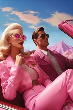 a man and woman sitting in the back of a pink car