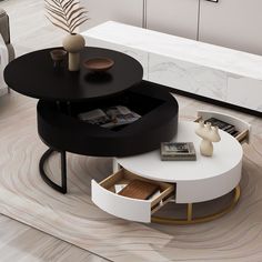 a coffee table with magazines on it in a living room