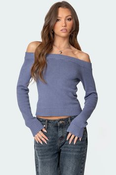 Elona Off Shoulder Knit Top – edikted Off Shoulder Knit Top, Blue Off Shoulder Top, Long Sleeve Knit Top, Off The Shoulder Long Sleeve, Off Shoulder Sweater, Long Sleeve Knit Tops, Styling Ideas, Material Girls, Off Shoulder Tops