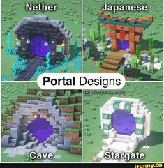 four different types of portals in minecraft with text that reads, nether, portal designs cave, gate, and japanese