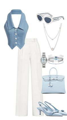 Monaco type of fits in greyish baby blue with sleevless vest and white wide pants hermes bag and prade shoes dior sunglasses and white gold and blue jewels jewelry Effortlessly Chic Outfits, Everyday Fashion Outfits, Casual Day Outfits, Classy Work Outfits, Classy Casual Outfits, Stylish Work Outfits, Easy Trendy Outfits, Looks Chic, Fancy Outfits