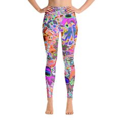 Yoga Leggings for Women, Psychedelic Hot Pink and Lime Green Garden Flowers Comfortable Yoga Pants, Yoga Capris, Leggings For Women, Plus Size Leggings, Green Garden, Garden Flowers, Art Clothes, Yoga Leggings, Dress With Boots