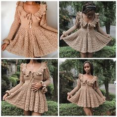 four different pictures of a woman wearing a dress