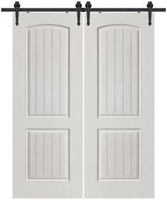 two white double doors with black hardware on the top and bottom, against a white background