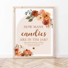 a sign that says how many candies are in the jar? with flowers on it