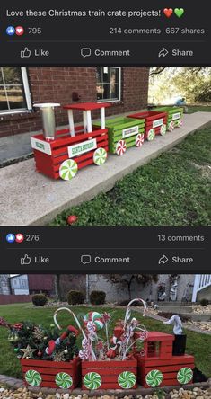 two photos showing different types of christmas decorations in front of a house and on the lawn