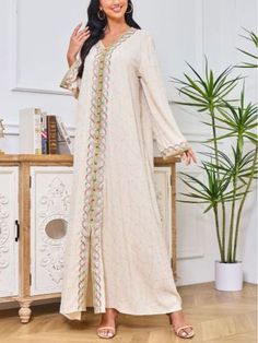 Women Elegant Dresses, Stylish And Comfortable Moroccan Muslim Embroidered Belt Dress Robe Long Sleeve Dresses With Resham Embroidery, Beige Long Sleeve Dress With Floral Embroidery, Long Sleeve Embroidered Beige Dress, Beige Embroidered Long Sleeve Dress, Long Sleeve Beige Dress With Embroidered Hem, Beige Long Sleeve Dress With Embroidered Hem, Beige Long Sleeve Dress With Resham Embroidery, Beige Embroidered Dress For Eid, Embroidered Beige Dress For Eid