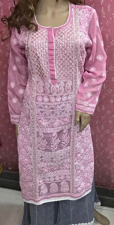 Pink Lawn Suit With Chikankari Embroidery In Mulmul, Pink Cotton Churidar With Chikankari Embroidery, Fitted Pink Lawn Suit With Chikankari Embroidery, Long Sleeve Cotton Maxi Dress With Chikankari Embroidery, Semi-stitched Cotton Lawn Suit With Chikankari Embroidery, Pakistani Kurti, Gotta Patti Work, Gotta Patti, Soft Surroundings