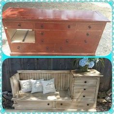 an old dresser turned into a bench with drawers and pillows on the bottom, before and after