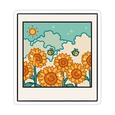 sunflowers and bees in the sky with clouds sticker on a white background