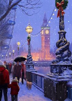 a painting of people walking in the snow with an umbrella over their heads and a clock tower in the background