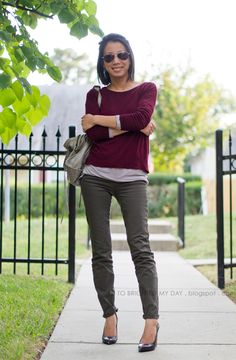 Falling for Fall Colors Olive Jeans Outfit, Olive Clothing, Burgundy Outfit, Olive Pants, Olive Green Pants