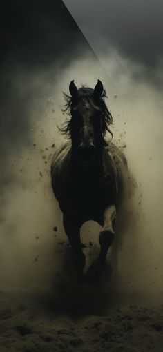 a horse is running through the sand in the dark sky with dust coming from its back