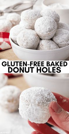 a person holding a powdered donut in front of a bowl full of powdered donuts