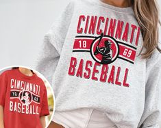 WELCOME TO MY STORE ♥️ _This Vintage Cincinnati Red Crewneck Sweatshirt / T-Shirt, Cincinnati Red EST 1869 Sweatshirt, Cincinnati Baseball Shirt, Retro Cincinnati Red Shirt, Retro Cincinnati, Cincinnati Sweater, Red Sweater, Red Sweatshirt, Cincinnati Baseball, Red Fan Gift, Vintage Baseball Tee, Gift for her, Gift for Mom, Gift for him, Baseball Season, World Series, Game Day Shirt. _Please check Color and Size Charts before placing the order. You can find them in the listing's photos (Dependin Cincinnati Reds Outfit Woman, Red Sweatshirt For Sports Season Fan Merchandise, Red Sweatshirt For Sports Fan Merchandise, Red Crew Neck Sweatshirt For Fan Merchandise, Red Crew Neck Sweatshirt For Fans, Red Tops For College Baseball Season, Red Cotton Top With Lettering, Red Cotton Tops With Lettering, Red Crew Neck Sports Fan Top