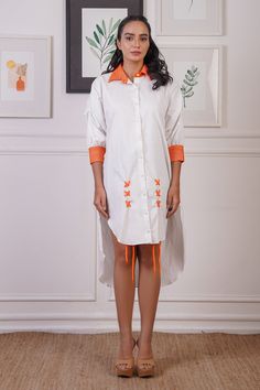 Buy White Oxford Crochet Shirt Collar Pattern High-low Dress For Women by Ankur J Online at Aza Fashions.