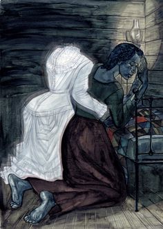 a painting of a woman kneeling down next to a bed