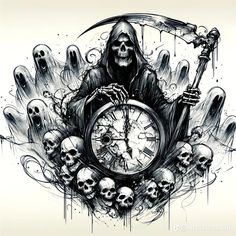 a black and white drawing of a skeleton holding a clock with skulls surrounding it in the background