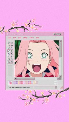 a pink background with an anime character on the screen