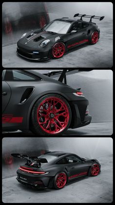 three different views of a sports car with red rims