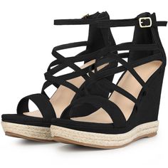 Looking for a stylish and comfortable pair of sandals to add to your wardrobe? Look no further than these ankle-strap espadrille platform sandals! These sandals feature a denim fabric for a casual look, with a single strap and strappy design at the upper, as well as an ankle strap and back zipper for easy wear. Plus, with an espadrille wedge heel and platform, these sandals offer just the right amount of height and style. The outsole is made of TPR, while the heel is made of PVC+TPR, making thes Strappy Wedge Heels, Cheap Black Wedge Sandals With 4-inch Heel, Medium Width Open Toe Wedge Sandals With 4-inch Heel, Black Wedge Sandals With 4-inch Heel For Summer, Modern Black Wedge Sandals With 4-inch Heel, Denim Heels, Summer Synthetic Wedge Sandals With 4-inch Heel, Espadrilles Platform, Strappy Wedges