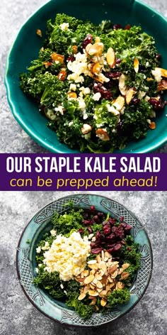 two plates with different types of food in them and the words our staple kale salad can be prepped ahead