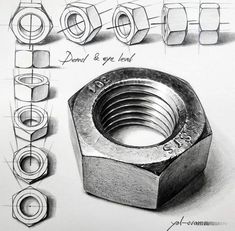 pencil drawing of nuts and bolts