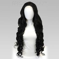 Urania Black Long Curly Lace Front Wig Urania has soft waves that transform into gorgeous curls, coupled with the lace front that makes her a versatile and beautiful wig no matter the look you're going for! Measuring from lace front to end, the fibers are approximately 35" long. The back is about 24" from the nape of the neck to where the wig ends. The unventilated lace is 13" x 1.25", while the ventilation is approximately 2" deep. The long curled fibers make Urania perfect to style for a varie Black Wigs, Emo Stuff, Epic Cosplay, Drawing Studies, Short Hair Wigs, Wave Wig, Curly Lace Front Wigs, Beautiful Wigs, Colored Wigs