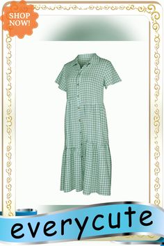 Light Green Plaid Print Button Shirt Casual Dress Spring Plaid Button-up Shirt Dress, Green Summer Midi Dress With Button Closure, Casual Green Shirt Dress With Buttons, Casual Green Midi Dress With Buttons, Casual Dress With Button Closure For Picnic, Casual Dresses With Button Closure For Picnic, Casual Dress With Button Closure For Picnics, Green Button-up Midi Dress For Vacation, Casual Collared Dress With Covered Buttons