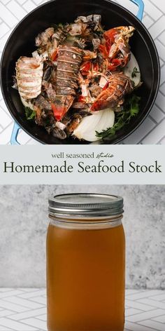 homemade seafood stock in a skillet with text overlay