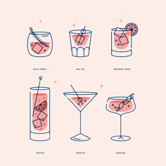 various types of cocktails are shown on a pink background