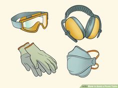 various safety equipment including gloves, goggles and masks to protect from the sun or rain