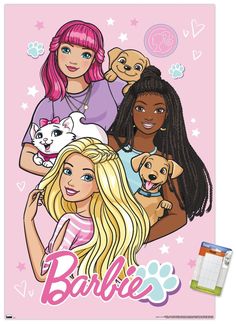 barbie and her puppies on a pink background