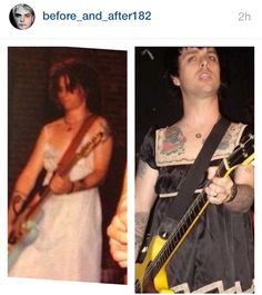 two pictures of a man with an electric guitar and another photo of a woman in a white dress