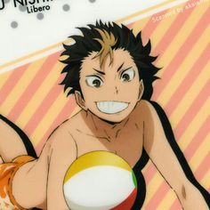 an anime character is holding a beach ball in his hand and smiling at the camera