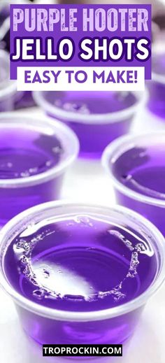 purple hooter jello shots in plastic cups with text overlay that reads, purple hooter jello shots easy to make