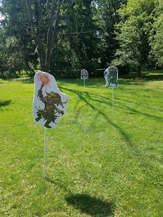 three flags are in the grass near some trees