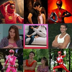 many pictures of people in costumes and one has a red ranger costume on, while the other is wearing a pink ranger suit