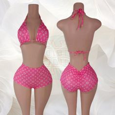 Pink Luxe Bikini Set - the perfect blend of luxury and style for your summer wardrobe! This stunning bikini set features a chic pink design with an eye-catching pattern that exudes elegance. Product Highlights: Color: Vibrant Pink Design: All-over luxury pattern Top Style: Halter neck with adjustable ties for a customizable fit Bottom Style: High-waisted shorts with ruched detailing for a flattering silhouette Material: High-quality fabric for comfort and durability IG@Bandz.costore Trendy Fitted Pink Swimwear, Trendy Pink Triangle Top Swimwear, Rave Girl Outfits, Luxury Pattern, Highlights Color, Rave Girl, Style Shorts, Chic Pink, Pink Design