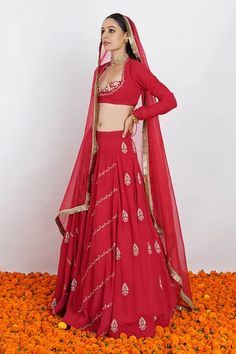 Shop for Rashi Jain Viscose Georgette Raag Hand Embroidered Lehenga Set for Women Online at Aza Fashions Churidar Sleeves, Georgette Lehenga, Embroidered Lehenga, Luxury Sale, Zari Work, Organza Dupatta, Red Sequin, Silk Organza, Box Pleats